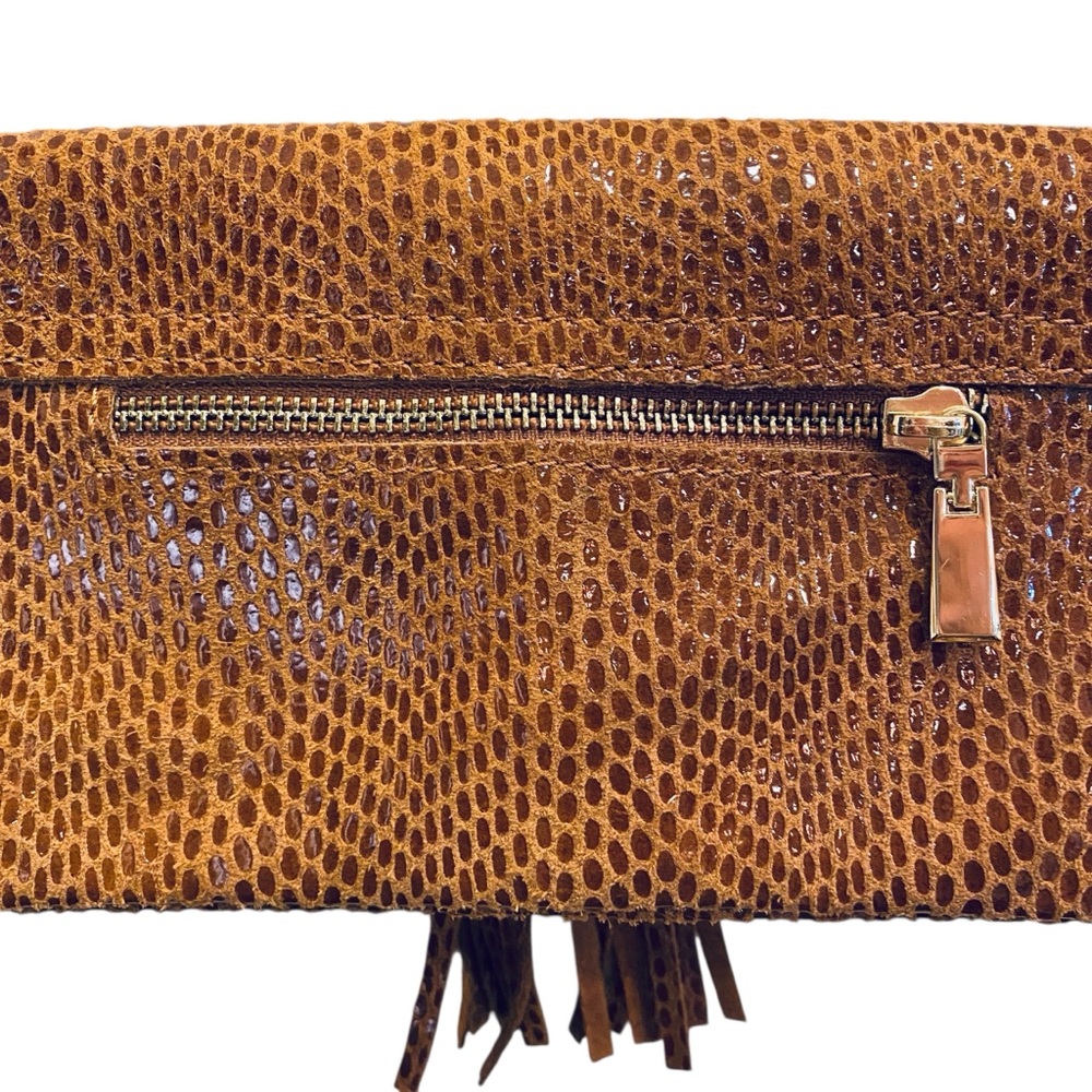 Brown Leather Snakeskin Embossed Purse with Tassels and Gold Chain - Picture 8 of 11